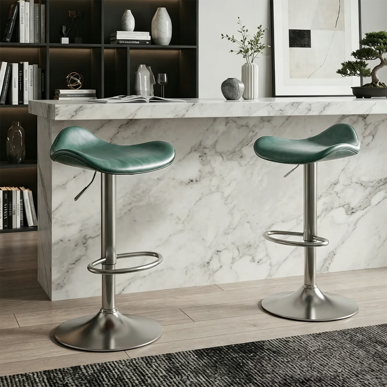 Green Silver Adjustable Swivel Leather Modern Backless Bar Stools Image - 13 | homeyfad