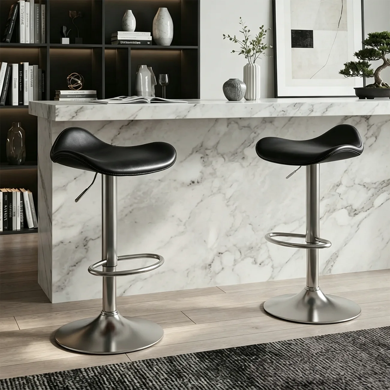 Black Silver Adjustable Swivel Leather Modern Backless Bar Stools Image - 12 | homeyfad