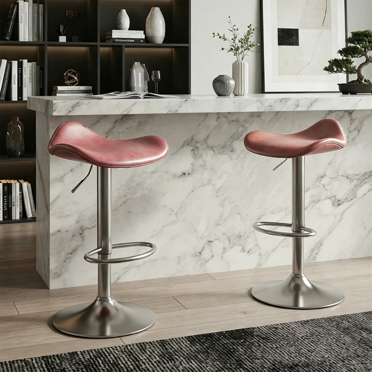 Red Brown Silver Adjustable Swivel Leather Modern Backless Bar Stools Image - 14 | homeyfad