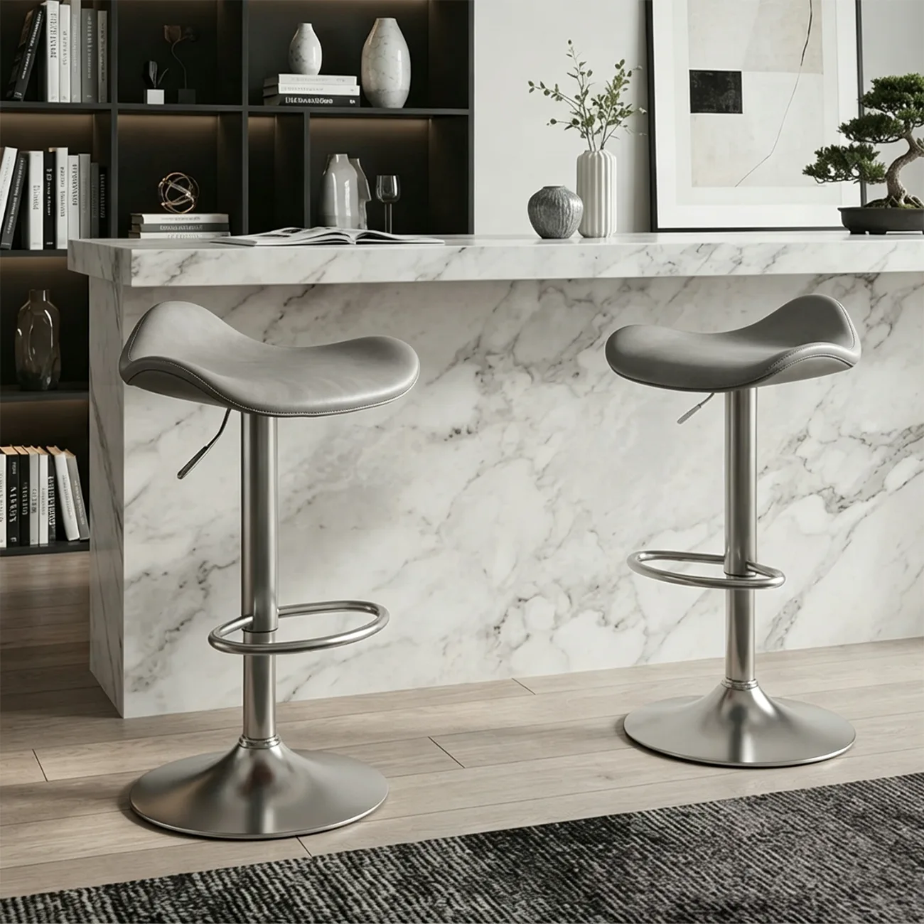 Grey Silver Adjustable Swivel Leather Modern Backless Bar Stools Image - 11 | homeyfad