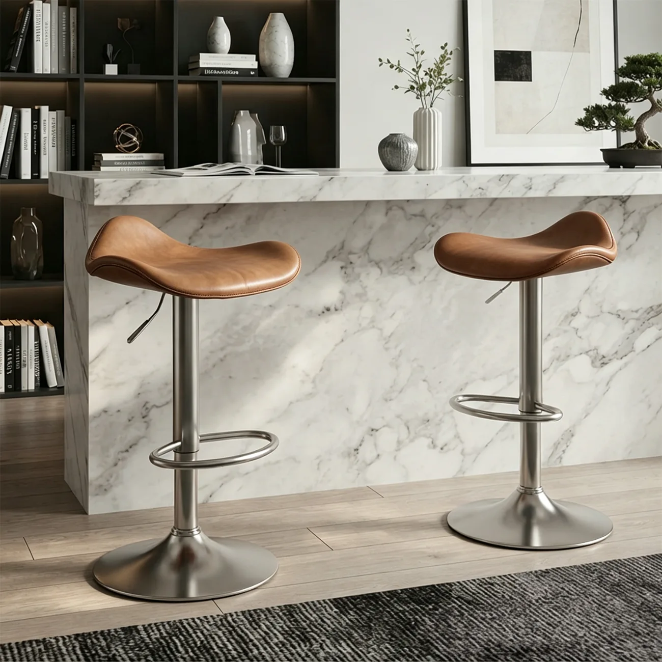 Brown Silver Adjustable Swivel Leather Modern Backless Bar Stools Image - 3 | homeyfad