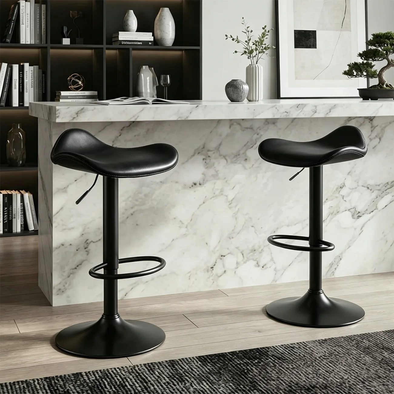 Black Black Adjustable Swivel Leather Modern Backless Bar Stools Image - 8 | homeyfad