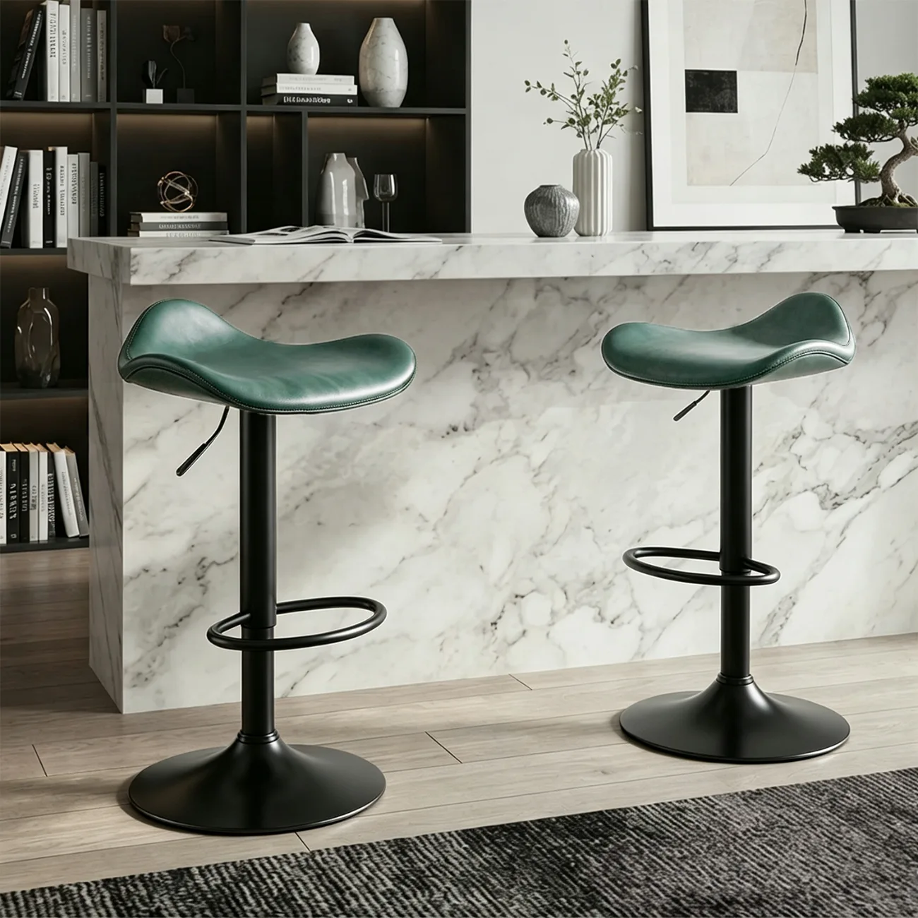 Green Black Adjustable Swivel Leather Modern Backless Bar Stools Image - 9 | homeyfad