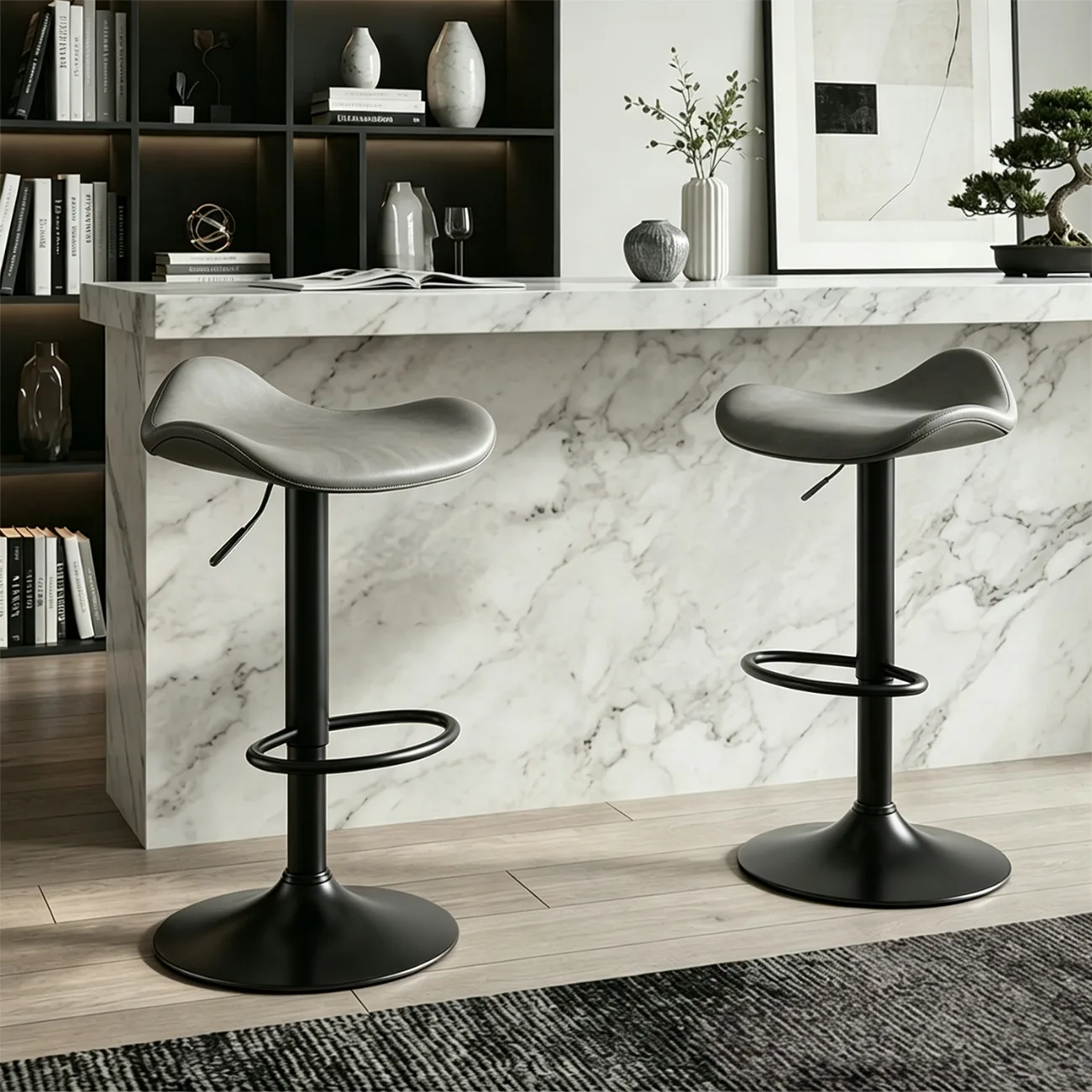Grey Black Adjustable Swivel Leather Modern Backless Bar Stools Image - 4 | homeyfad