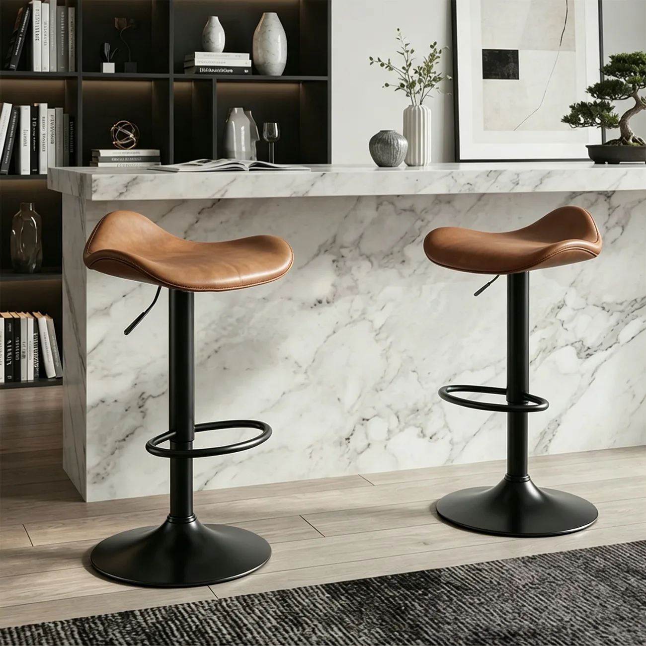 Brown Black Adjustable Swivel Leather Modern Backless Bar Stools Image - 2 | homeyfad