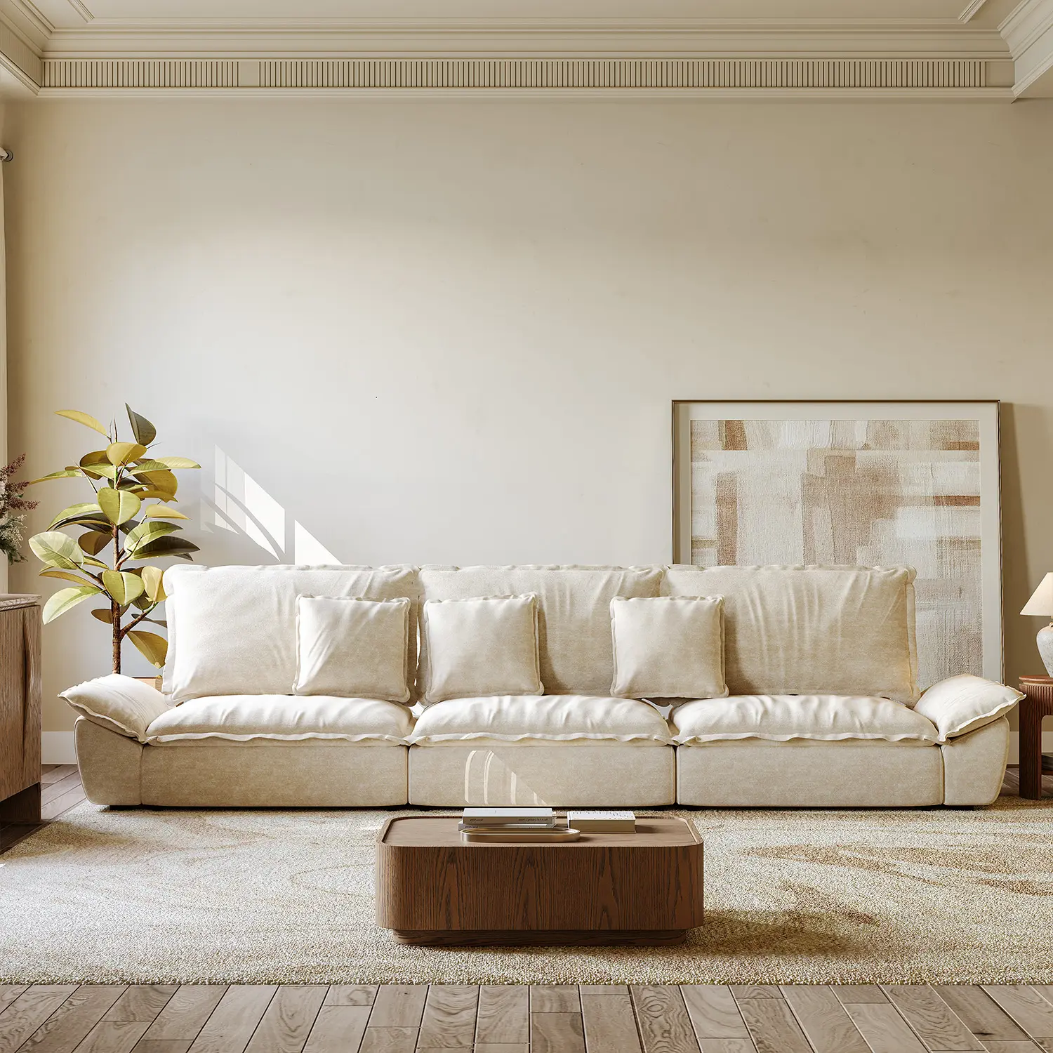 Beige Low-profile Cloud Sofa With Adjustable Backrest And Pillows Image - 8 | homeyfad