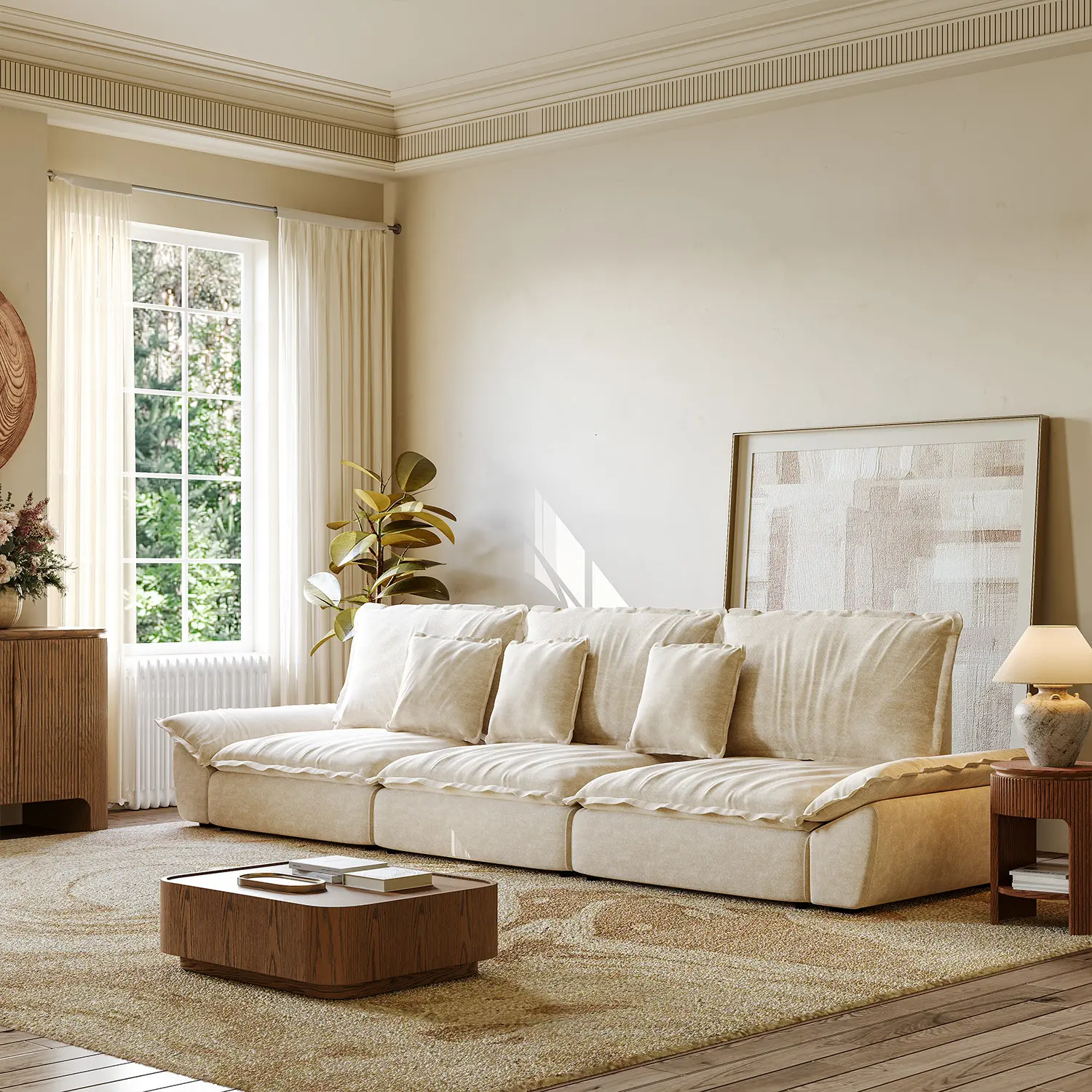 Beige Low-profile Cloud Sofa With Adjustable Backrest And Pillows Image - 9 | homeyfad