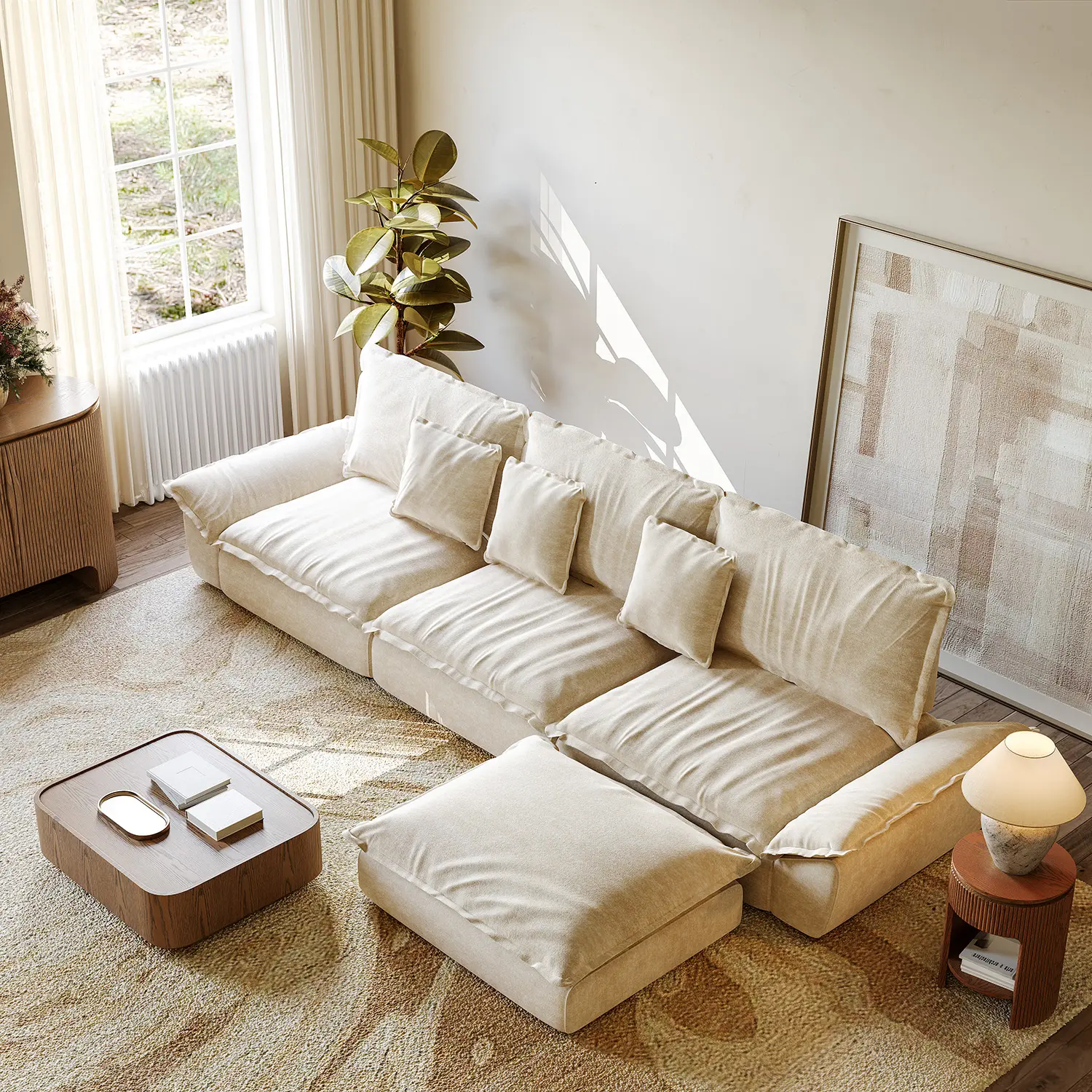 Beige Low-profile Cloud Sofa With Adjustable Backrest And Pillows Image - 1 | homeyfad