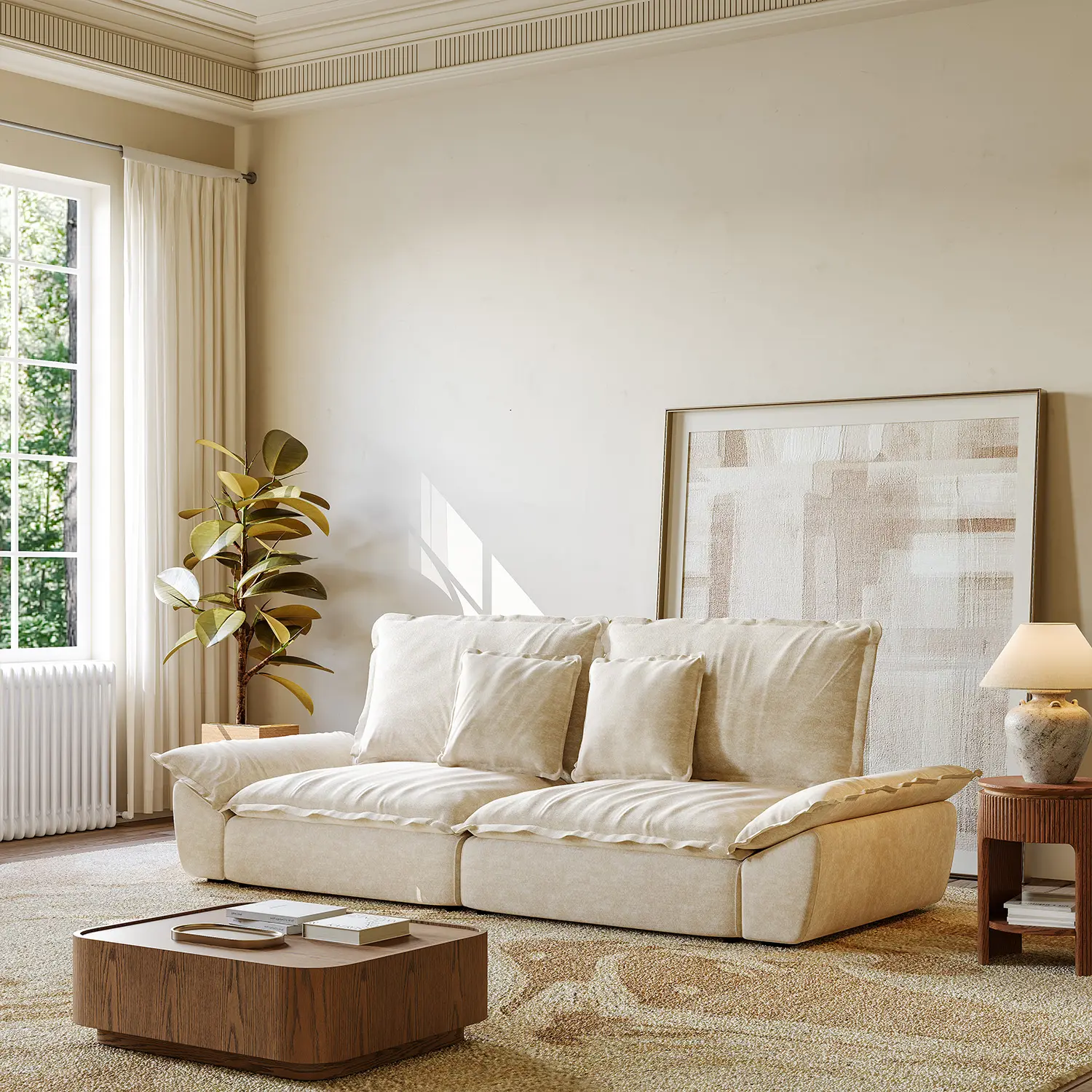 Beige Low-profile Cloud Sofa With Adjustable Backrest And Pillows Image - 10 | homeyfad