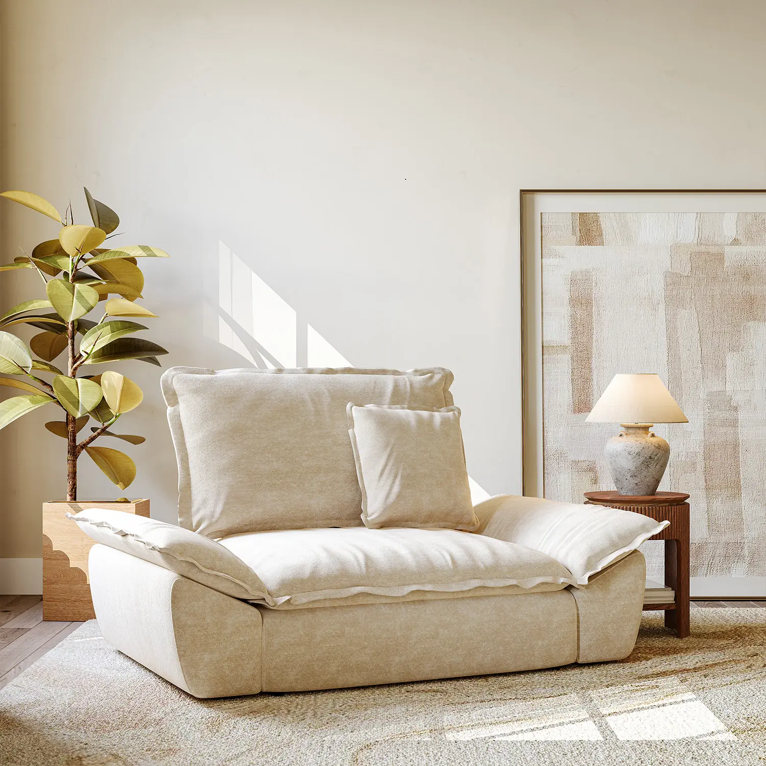 Beige Low-profile Cloud Sofa With Adjustable Backrest And Pillows Image - 11 | homeyfad