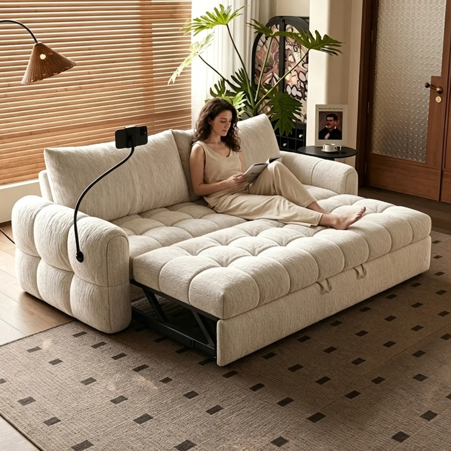 Elegant Beige Tufted Chenille Convertible Sofa Bed For Apartment Image - 2 | homeyfad