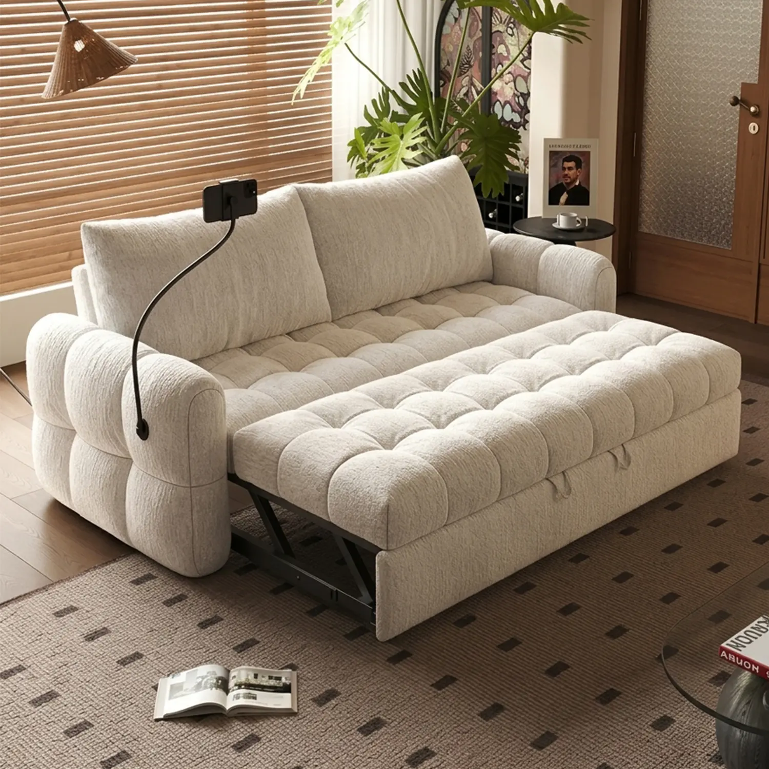 Love-Seat Elegant Beige Tufted Chenille Convertible Sofa Bed For Apartment Image - 1 | homeyfad