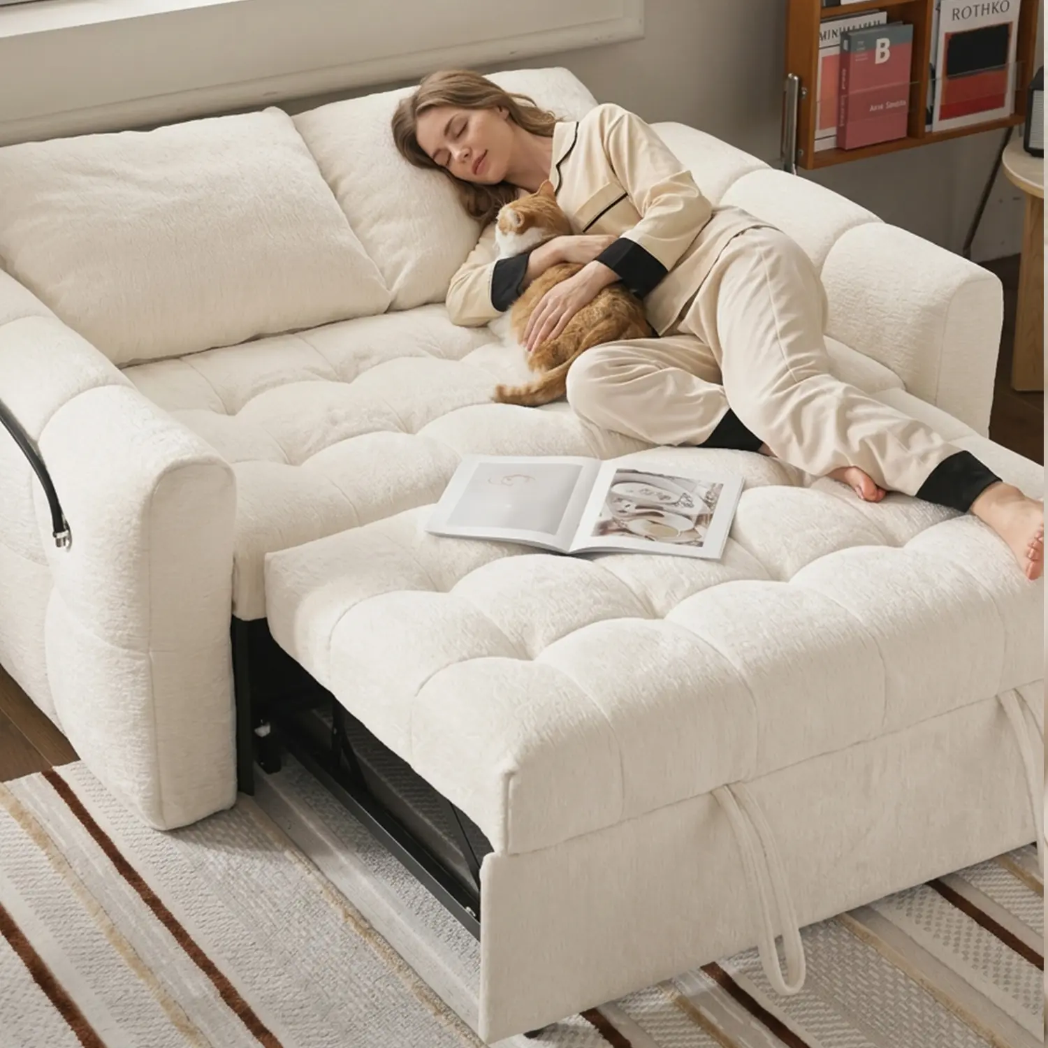 Elegant Beige Tufted Chenille Convertible Sofa Bed For Apartment Image - 5 | homeyfad