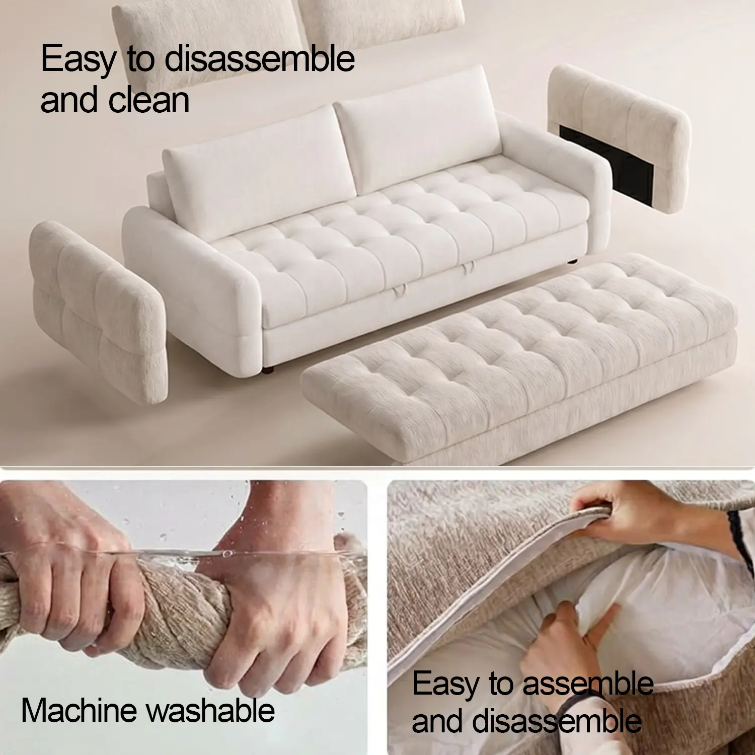 Elegant Beige Tufted Chenille Convertible Sofa Bed For Apartment Image - 16 | homeyfad