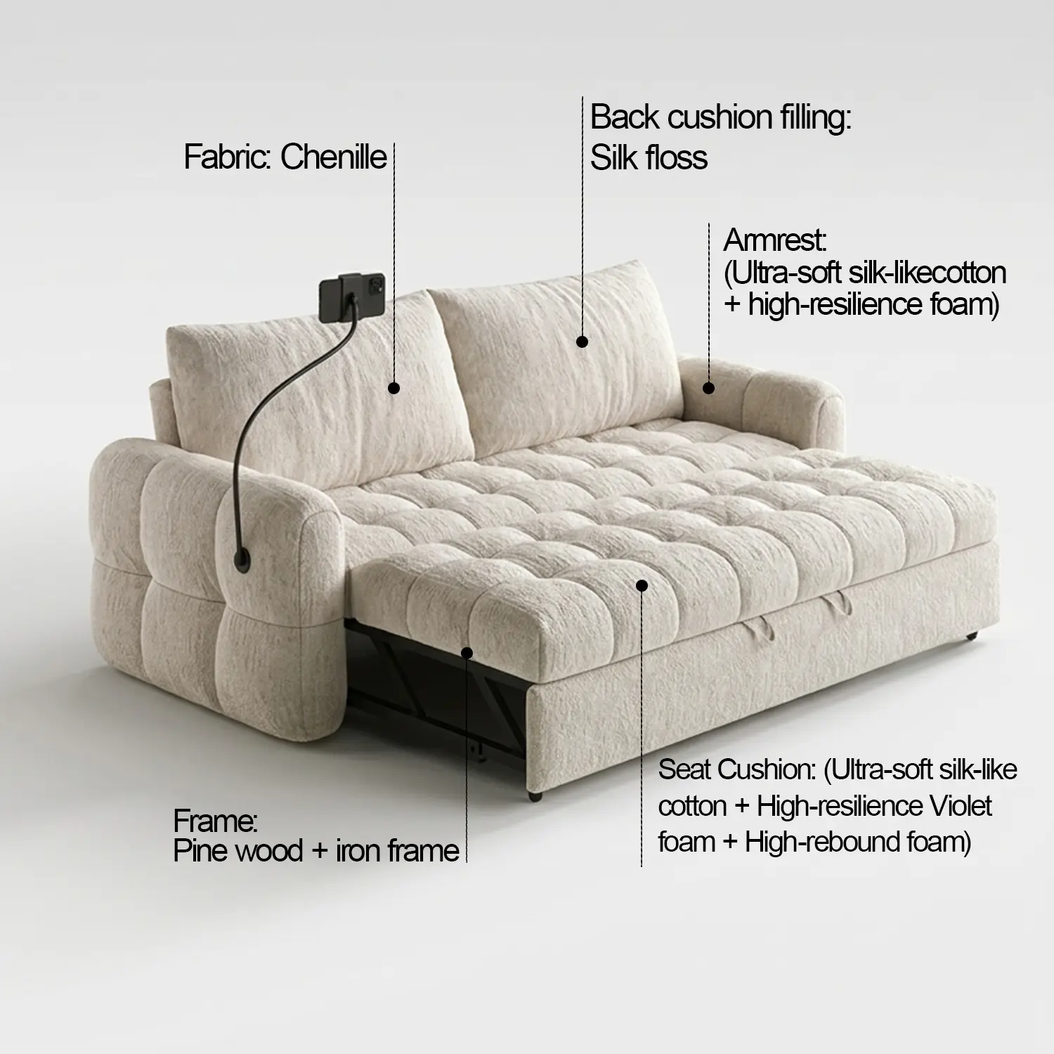 Elegant Beige Tufted Chenille Convertible Sofa Bed For Apartment Image - 18 | homeyfad