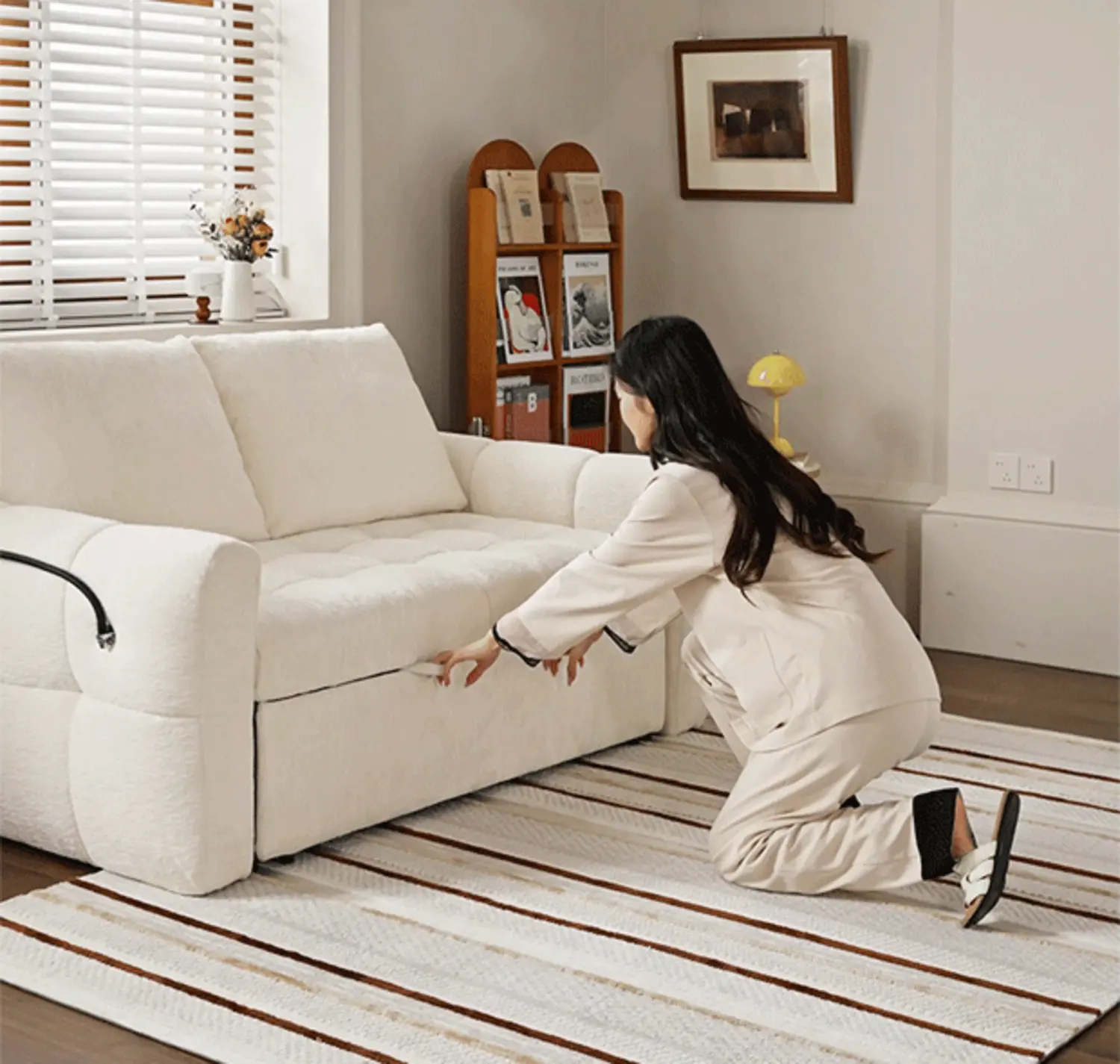 Elegant Beige Tufted Chenille Convertible Sofa Bed For Apartment Image - 6 | homeyfad