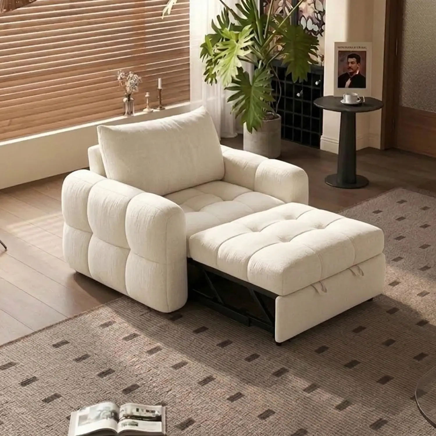 Single Chair Elegant Beige Tufted Chenille Convertible Sofa Bed For Apartment Image - 3 | homeyfad