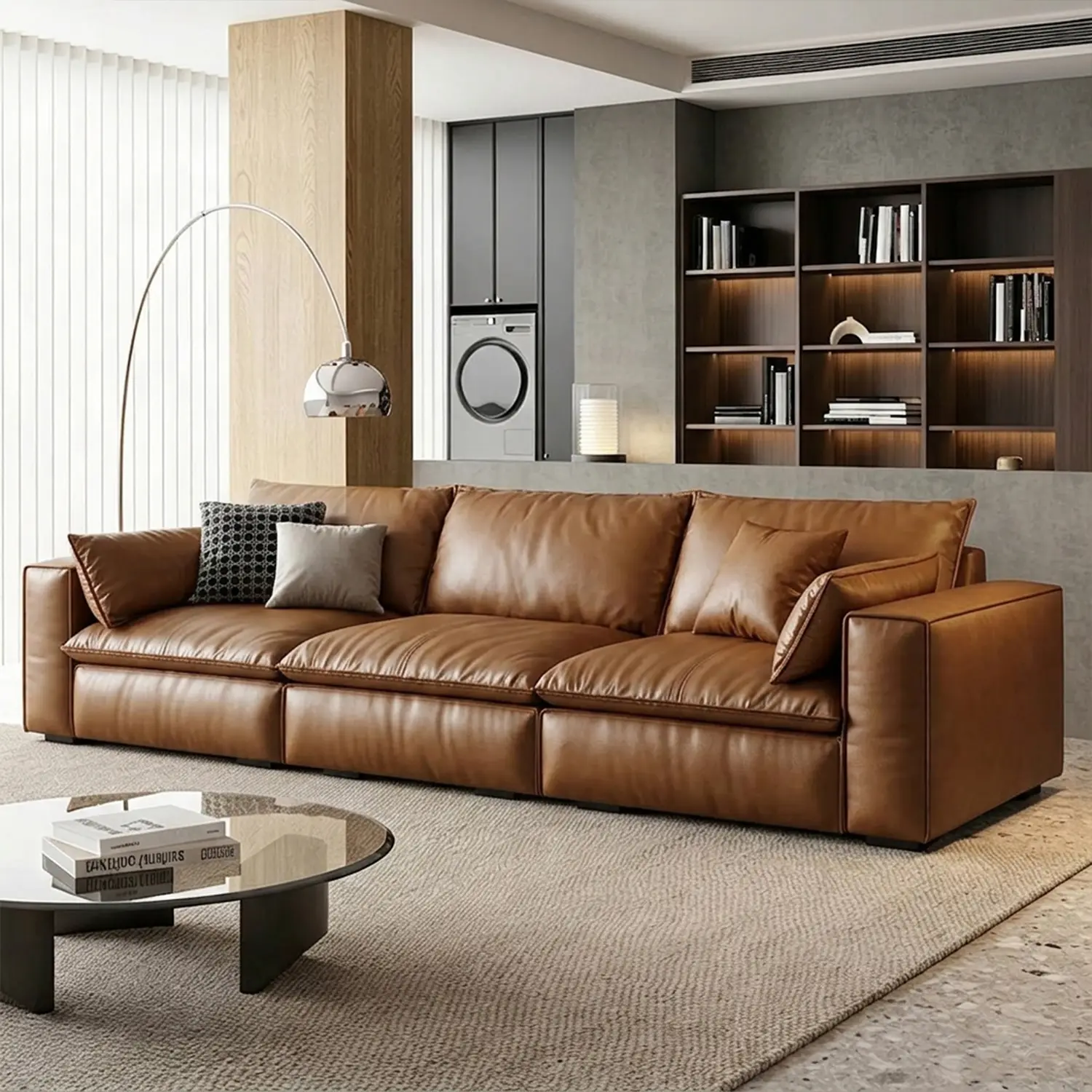 3-Seater Brown Luxurious Genuine Leather Modular Sofa with Solid Wood Frame Image - 1 | homeyfad