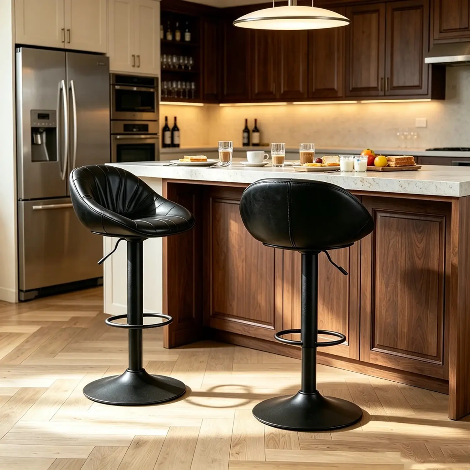 Black 2 Piece Set Mid-century Modern Distressed Leather Swivel Bar Stools Adjustable Height Image - 8 | homeyfad