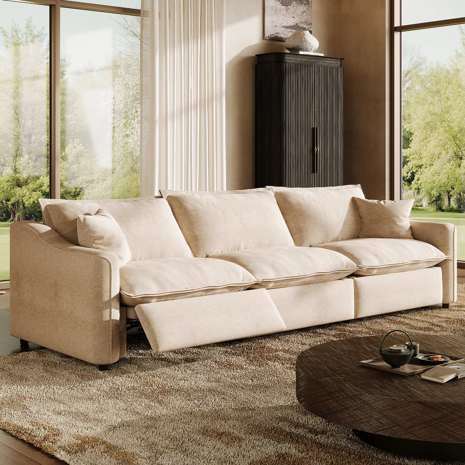 3-Seater (121"W) Beige Beige Modern Living Room Power Reclining Sofa With Adjustable Footrest Image - 1 | homeyfad