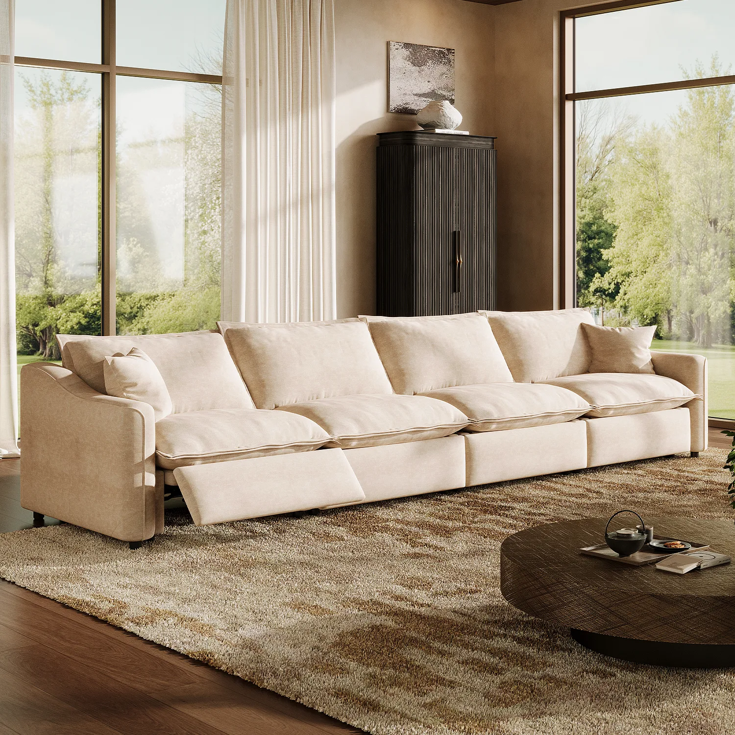 Beige Modern Living Room Power Reclining Sofa With Adjustable Footrest Image - 21 | homeyfad
