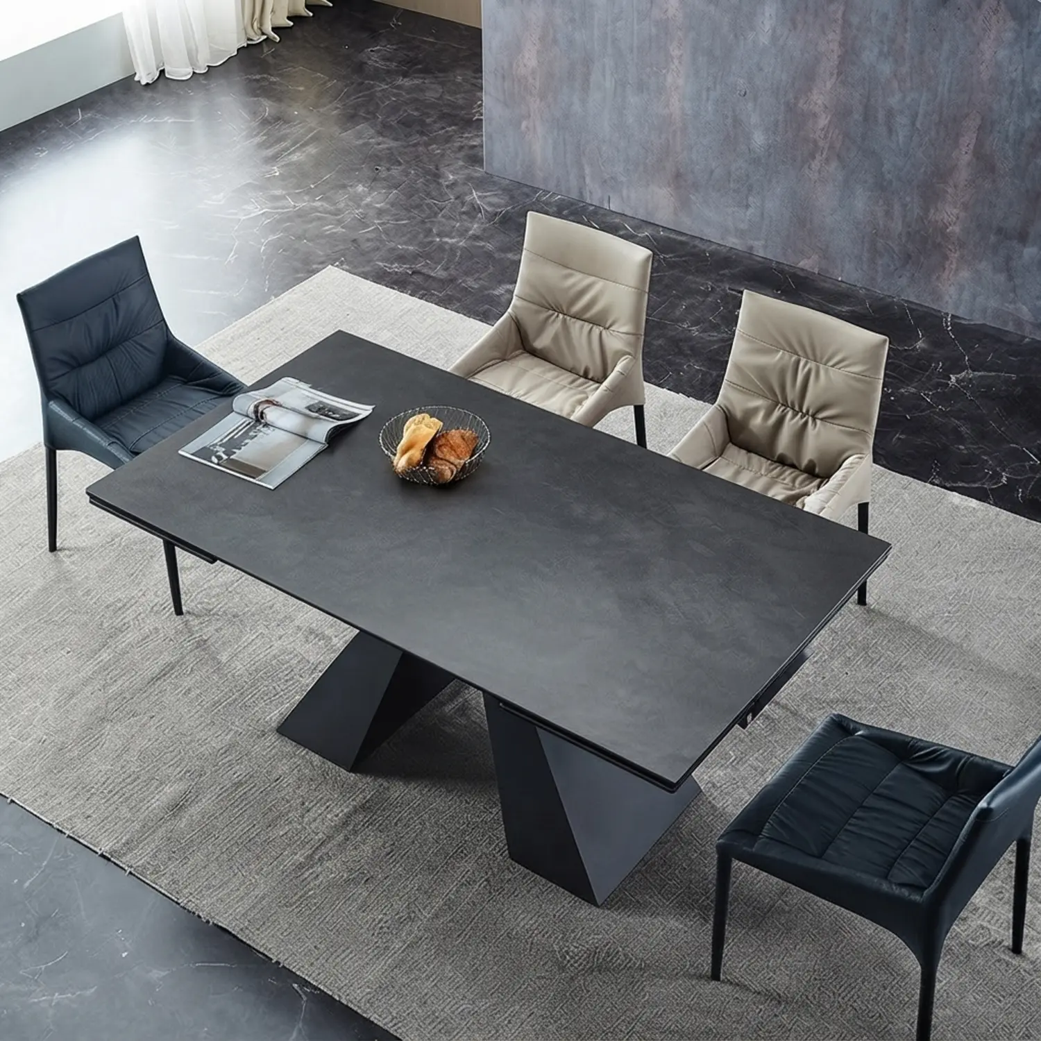 55.1"L x 35.4"W x 29.2"H Black A Modern Rectangular Matte Sintered Stone Extendable Dining Table Image - 7 | homeyfad