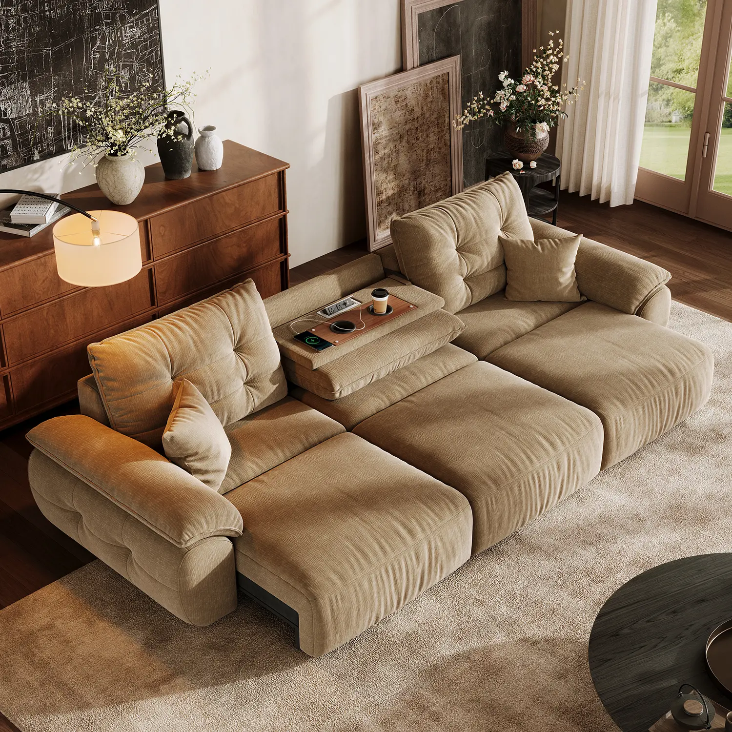 Khaki 3-Seater Contemporary Skin-friendly Chenille Tufted Back Power Sofa Bed Image - 1 | homeyfad