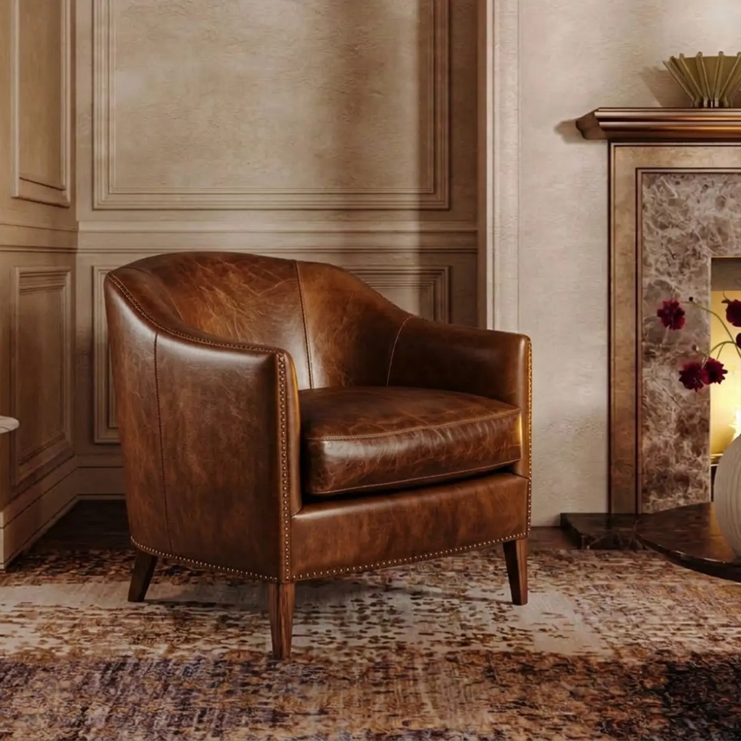 Vintage Brown Leather Accent Armchair for Living Room Image - 9 | homeyfad