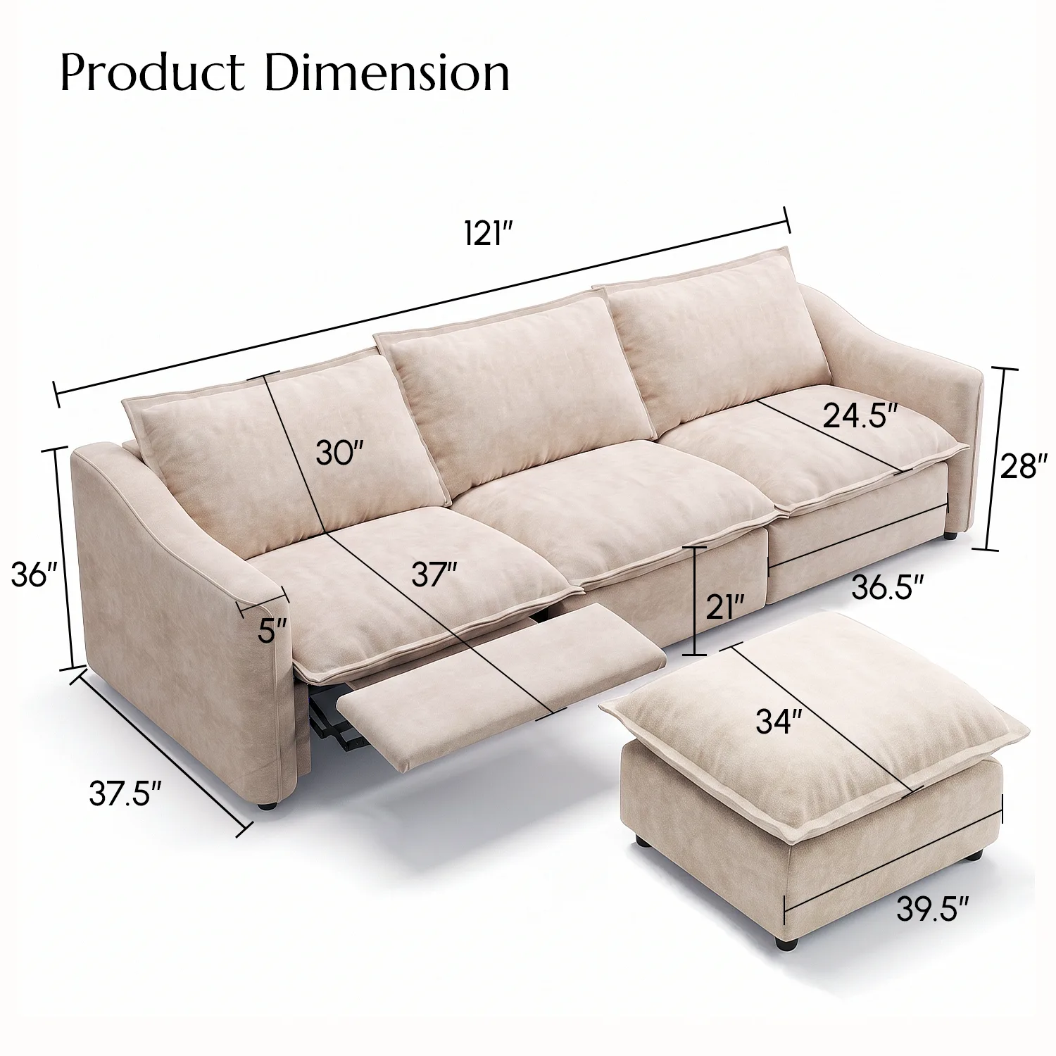 Beige Modern Living Room Power Reclining Sofa With Adjustable Footrest Image - 36 | homeyfad
