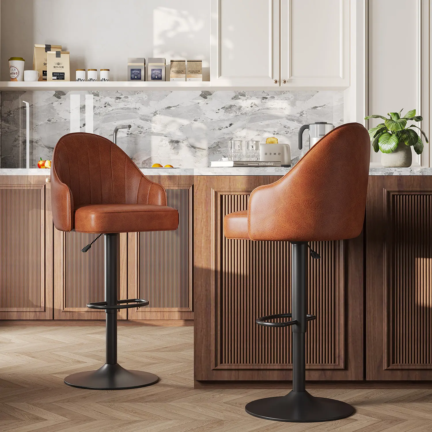 Mid-Century Modern Leather Bar Stool Swivel Adjustable Height Image - 2 | homeyfad