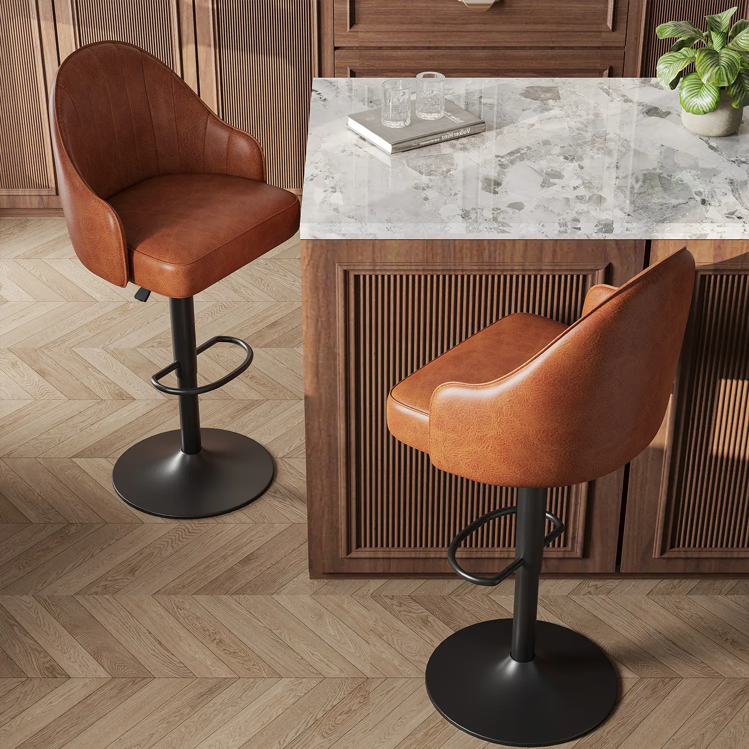 Mid-Century Modern Leather Bar Stool Swivel Adjustable Height Image - 3 | homeyfad
