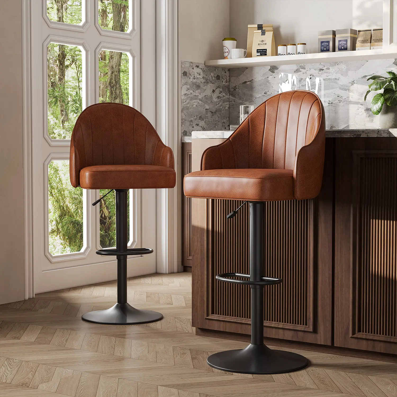 Mid-Century Modern Leather Bar Stool Swivel Adjustable Height Image - 4 | homeyfad