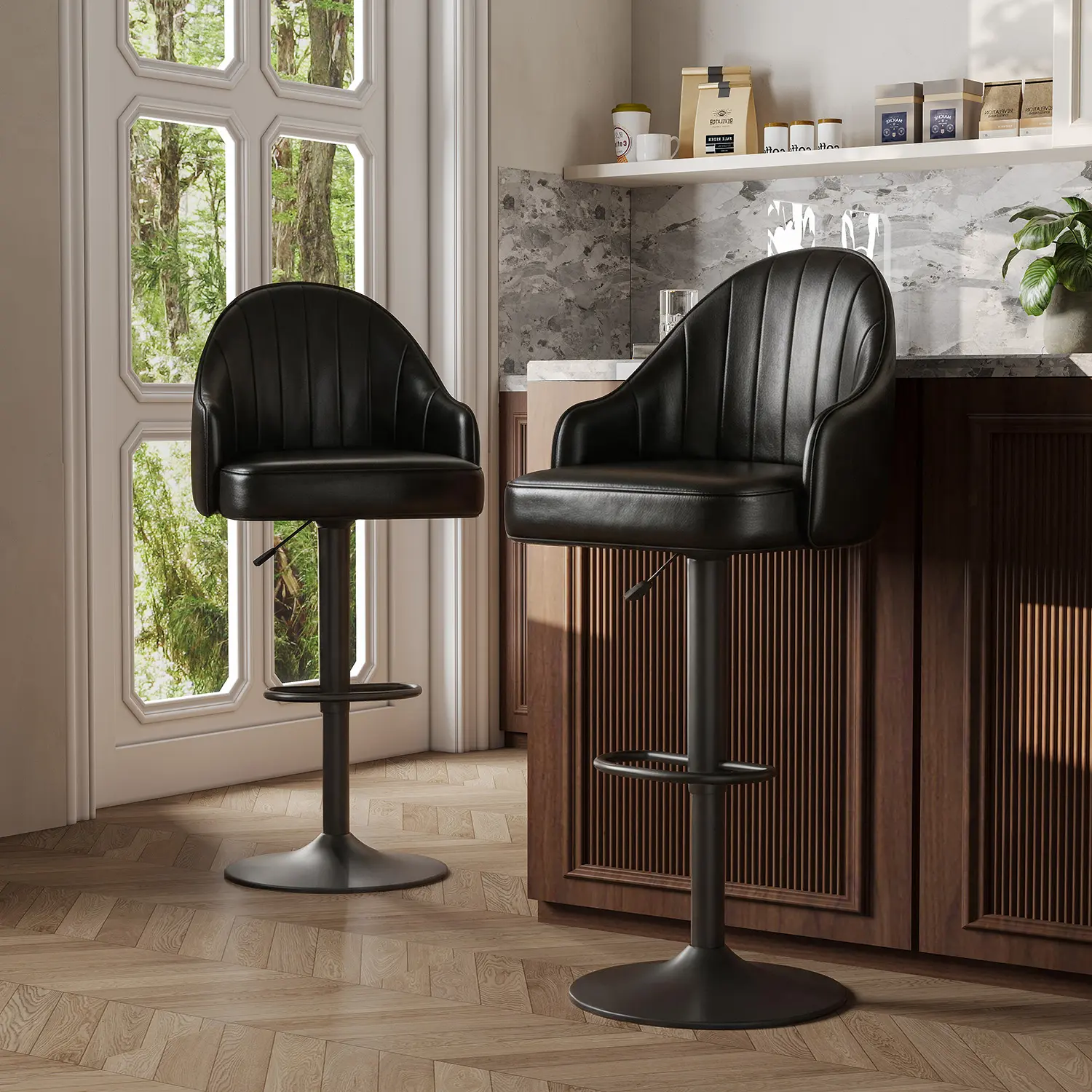 Mid-Century Modern Leather Bar Stool Swivel Adjustable Height Image - 8 | homeyfad