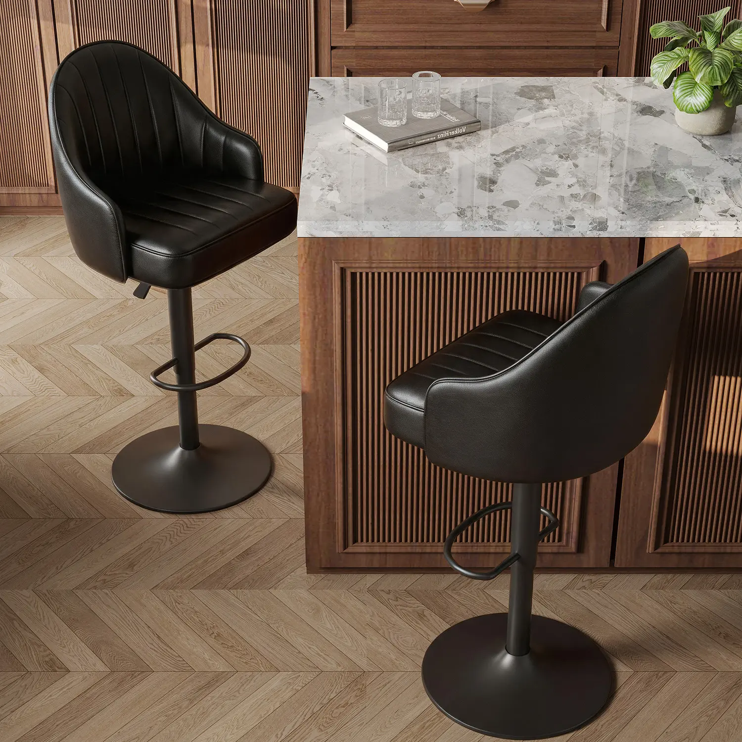 Mid-Century Modern Leather Bar Stool Swivel Adjustable Height Image - 7 | homeyfad