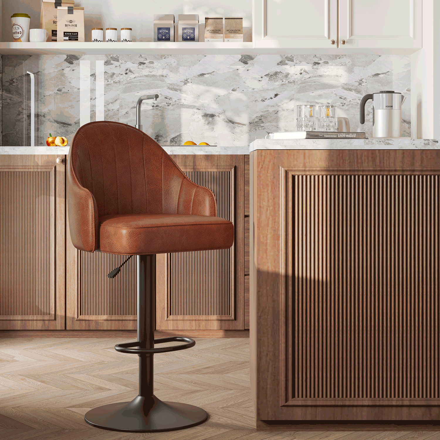 Mid-Century Modern Leather Bar Stool Swivel Adjustable Height Image - 5 | homeyfad
