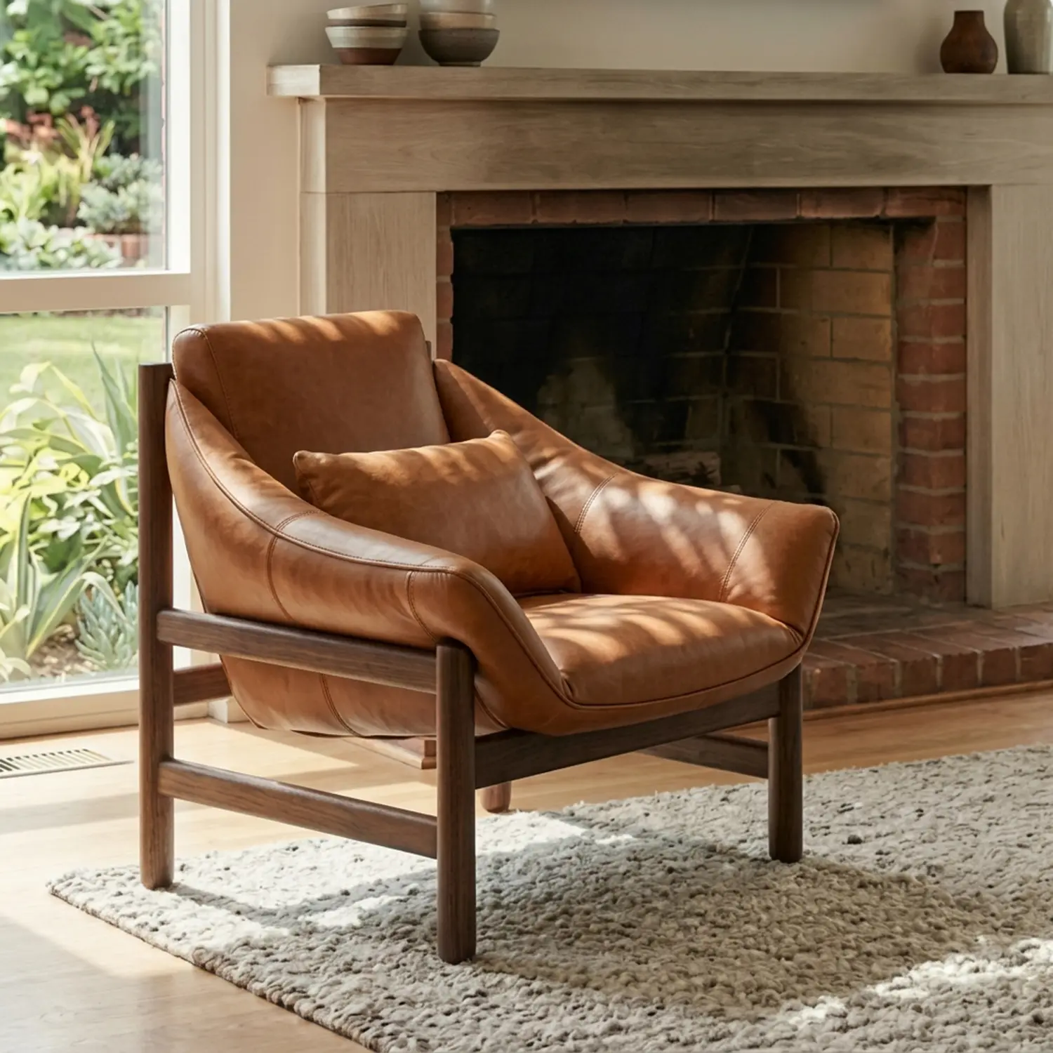 Modern Top-Grain Leather Lounge Chair with Solid Wood Frame Image - 8 | homeyfad