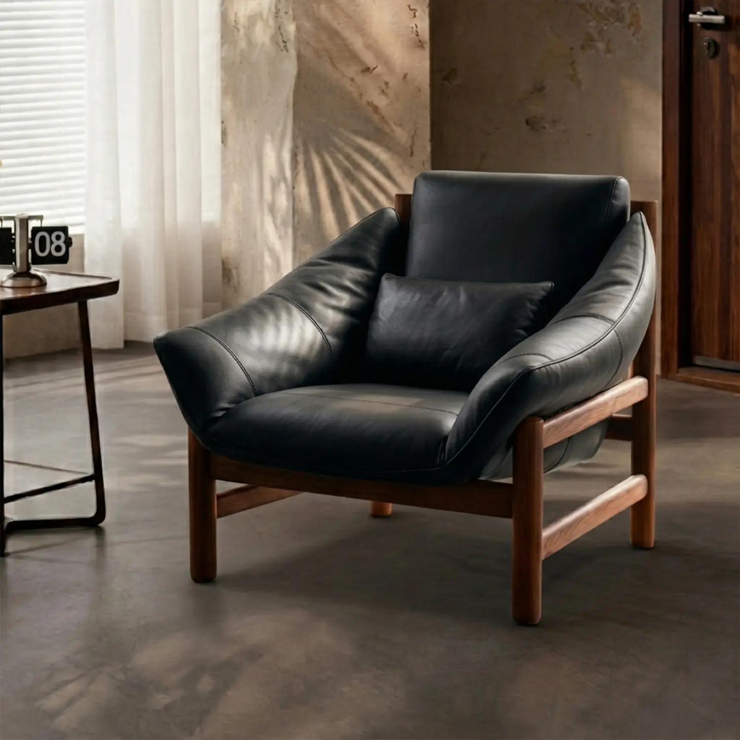 Black Modern Top-Grain Leather Lounge Chair with Solid Wood Frame Image - 2 | homeyfad