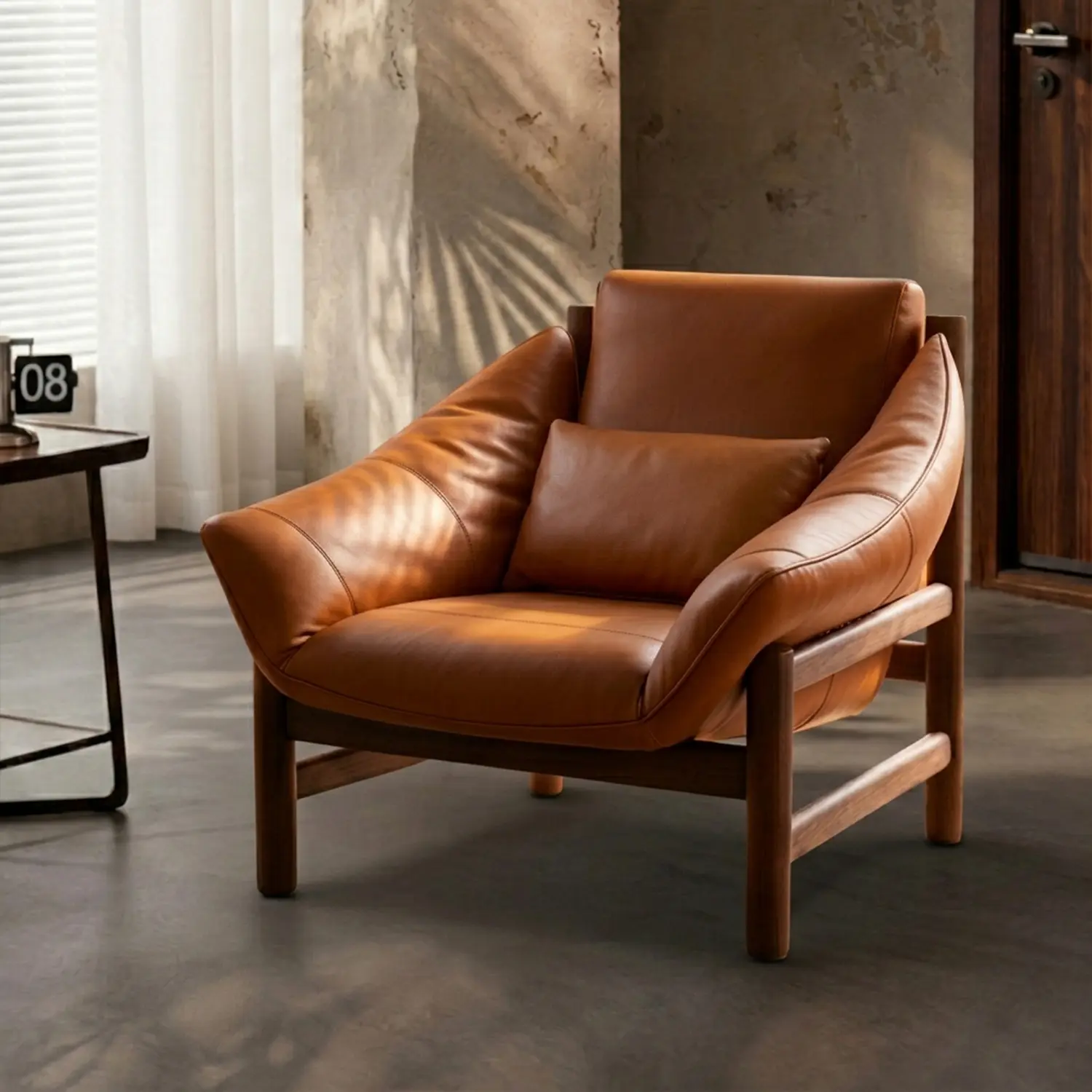 Brown Modern Top-Grain Leather Lounge Chair with Solid Wood Frame Image - 1 | homeyfad