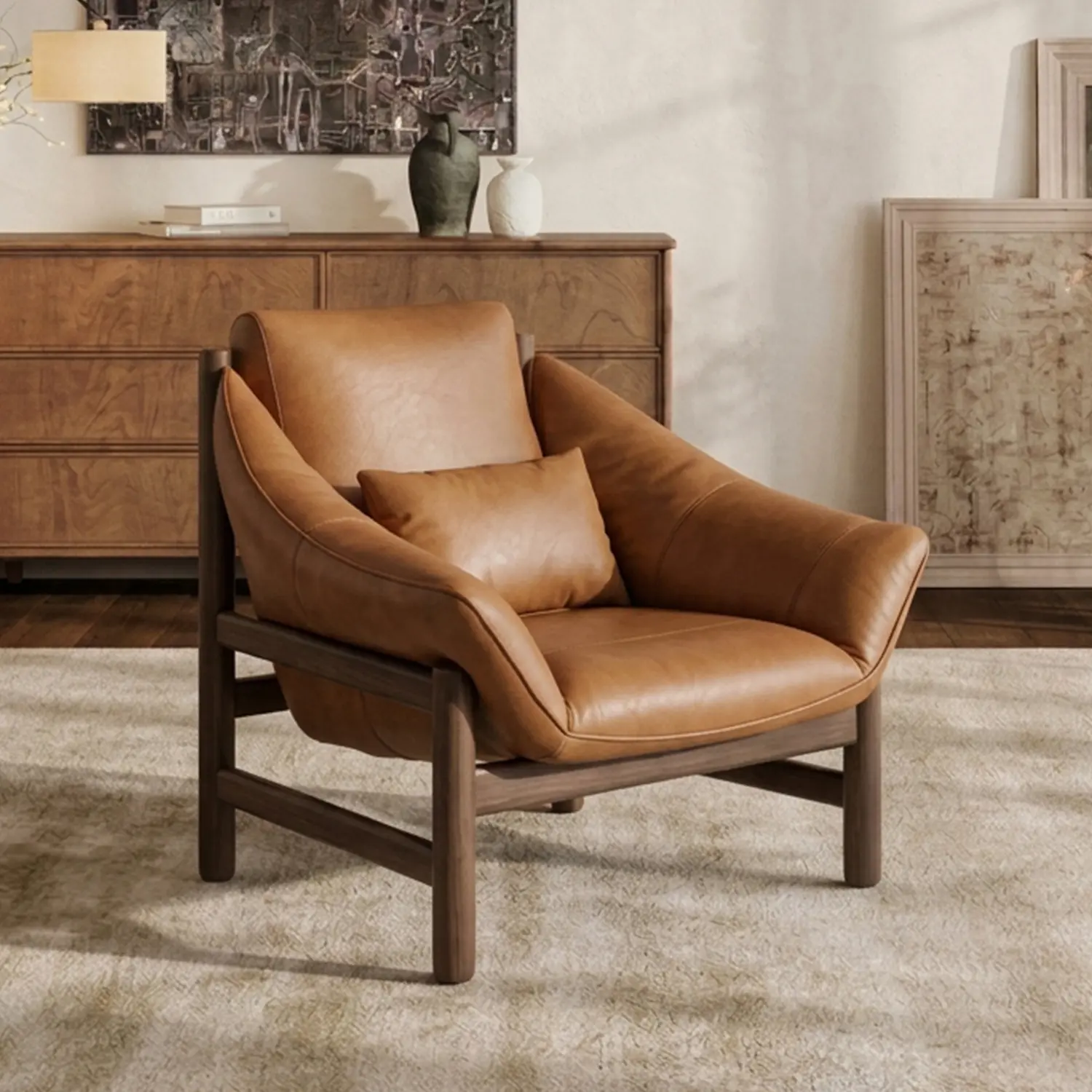 Modern Top-Grain Leather Lounge Chair with Solid Wood Frame Image - 3 | homeyfad