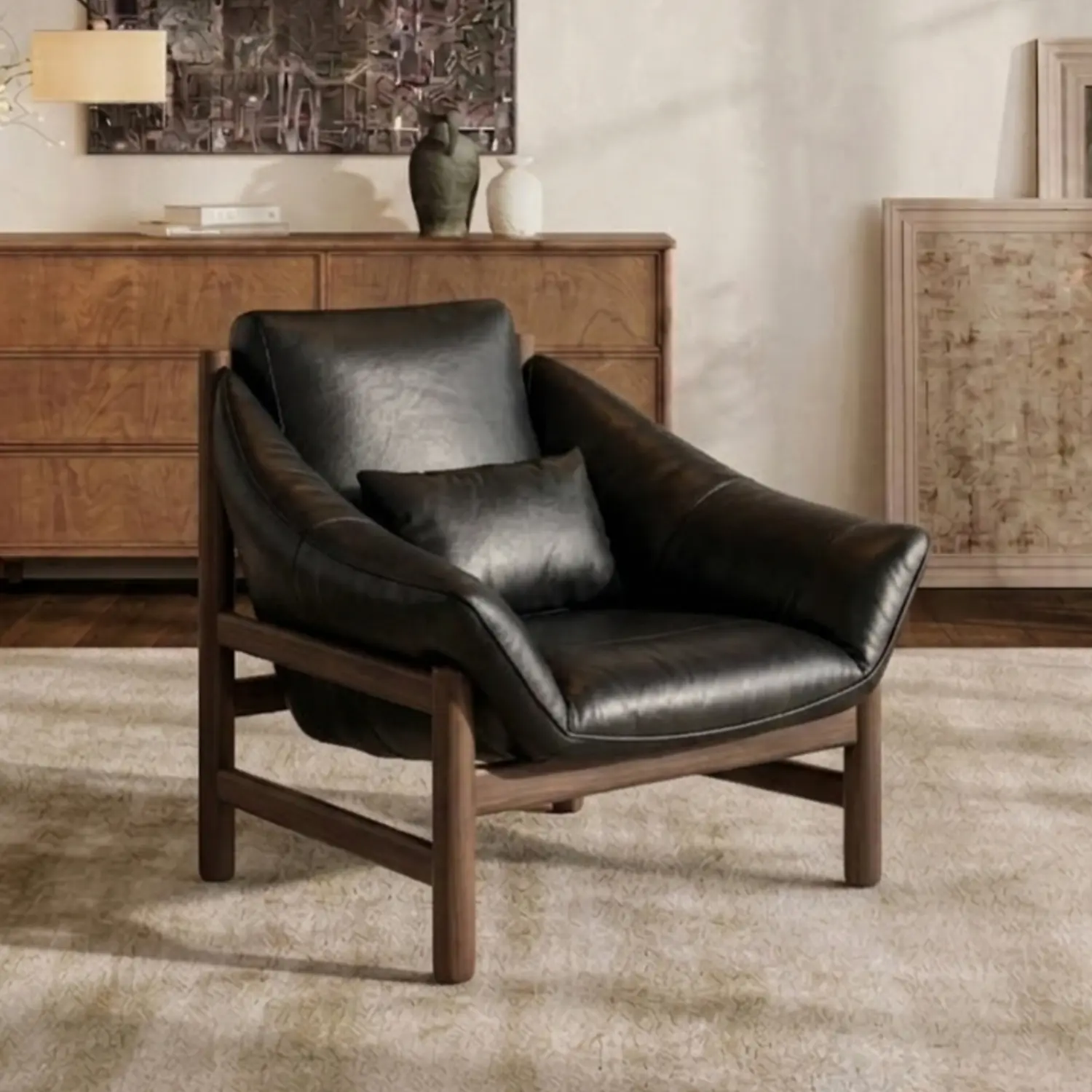 Modern Top-Grain Leather Lounge Chair with Solid Wood Frame Image - 7 | homeyfad