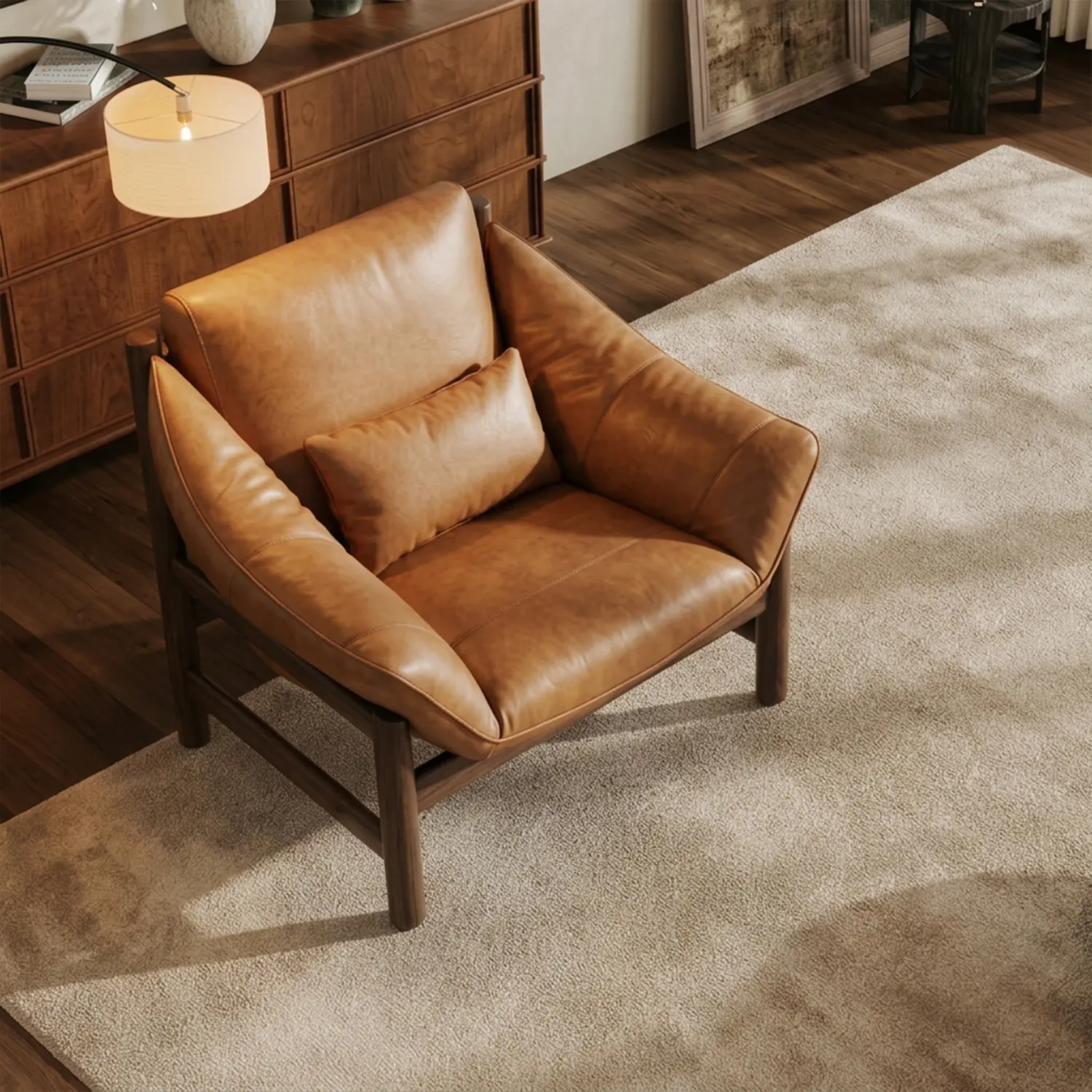 Modern Top-Grain Leather Lounge Chair with Solid Wood Frame Image - 4 | homeyfad