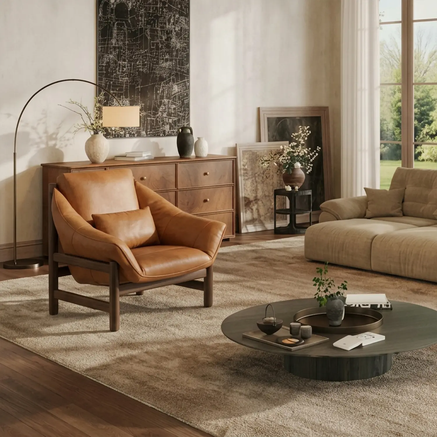 Modern Top-Grain Leather Lounge Chair with Solid Wood Frame Image - 5 | homeyfad