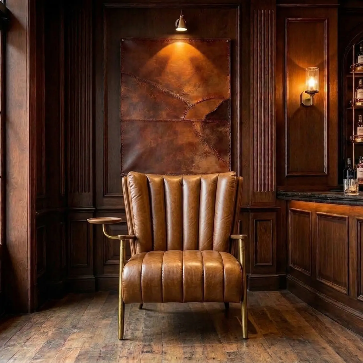 Vintage Brown Waxed Top-Grain Leather Accent Armchair with Side Tray Image - 12 | homeyfad