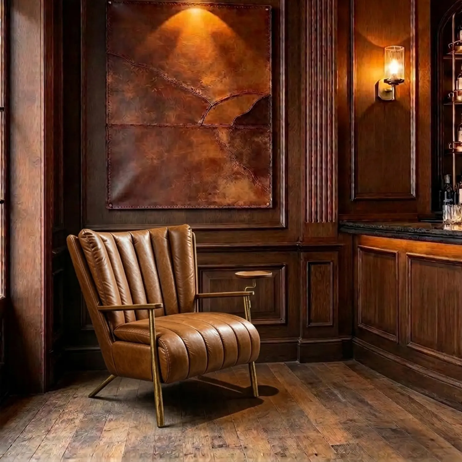 Vintage Brown Waxed Top-Grain Leather Accent Armchair with Side Tray Image - 11 | homeyfad