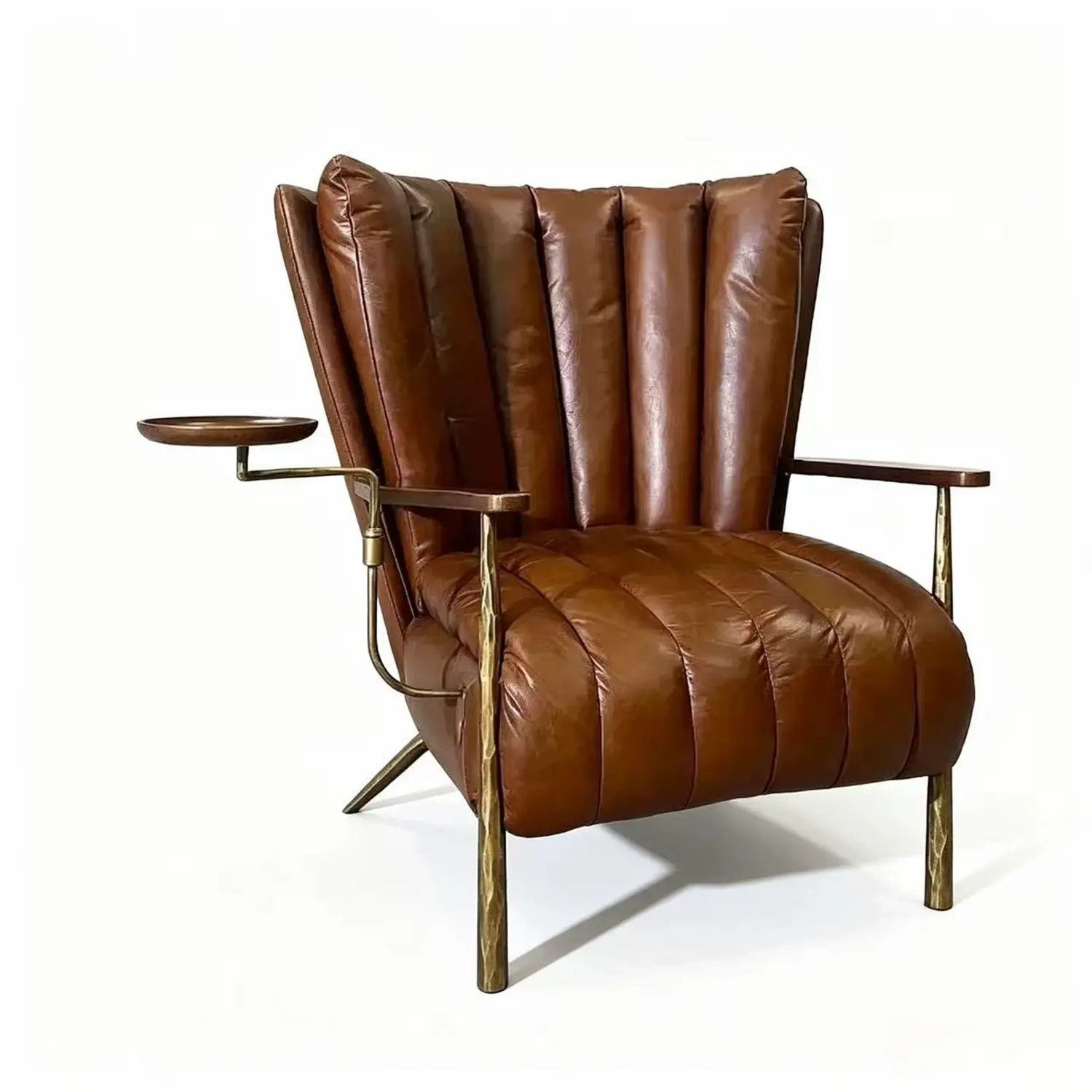 Vintage Brown Waxed Top-Grain Leather Accent Armchair with Side Tray Image - 3 | homeyfad