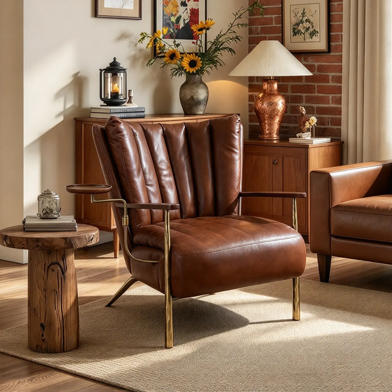 Maillard Brown Vintage Brown Waxed Top-Grain Leather Accent Armchair with Side Tray Image - 1 | homeyfad