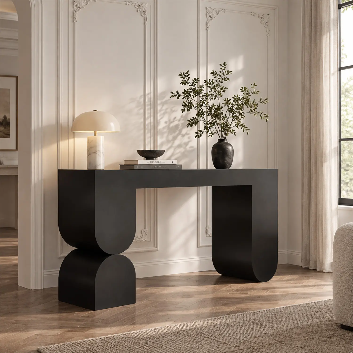 Modern Black Sculptural Solid Wood Console Table for Entryway Image - 1 | homeyfad