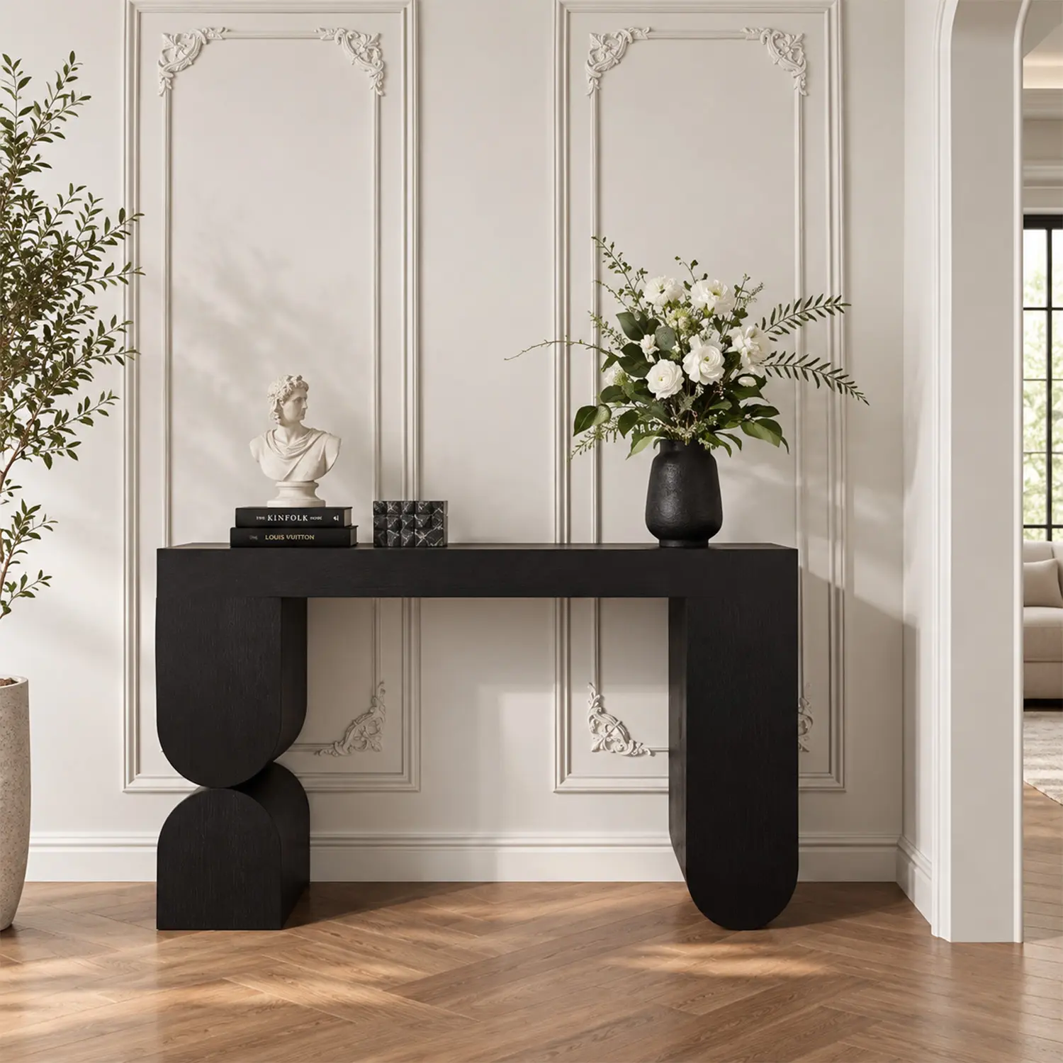 Modern Black Sculptural Solid Wood Console Table for Entryway Image - 3 | homeyfad
