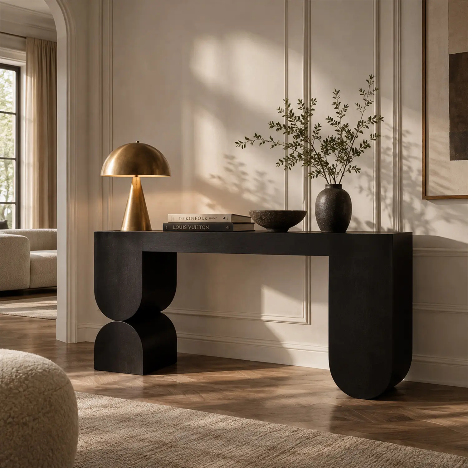 Modern Black Sculptural Solid Wood Console Table for Entryway Image - 7 | homeyfad