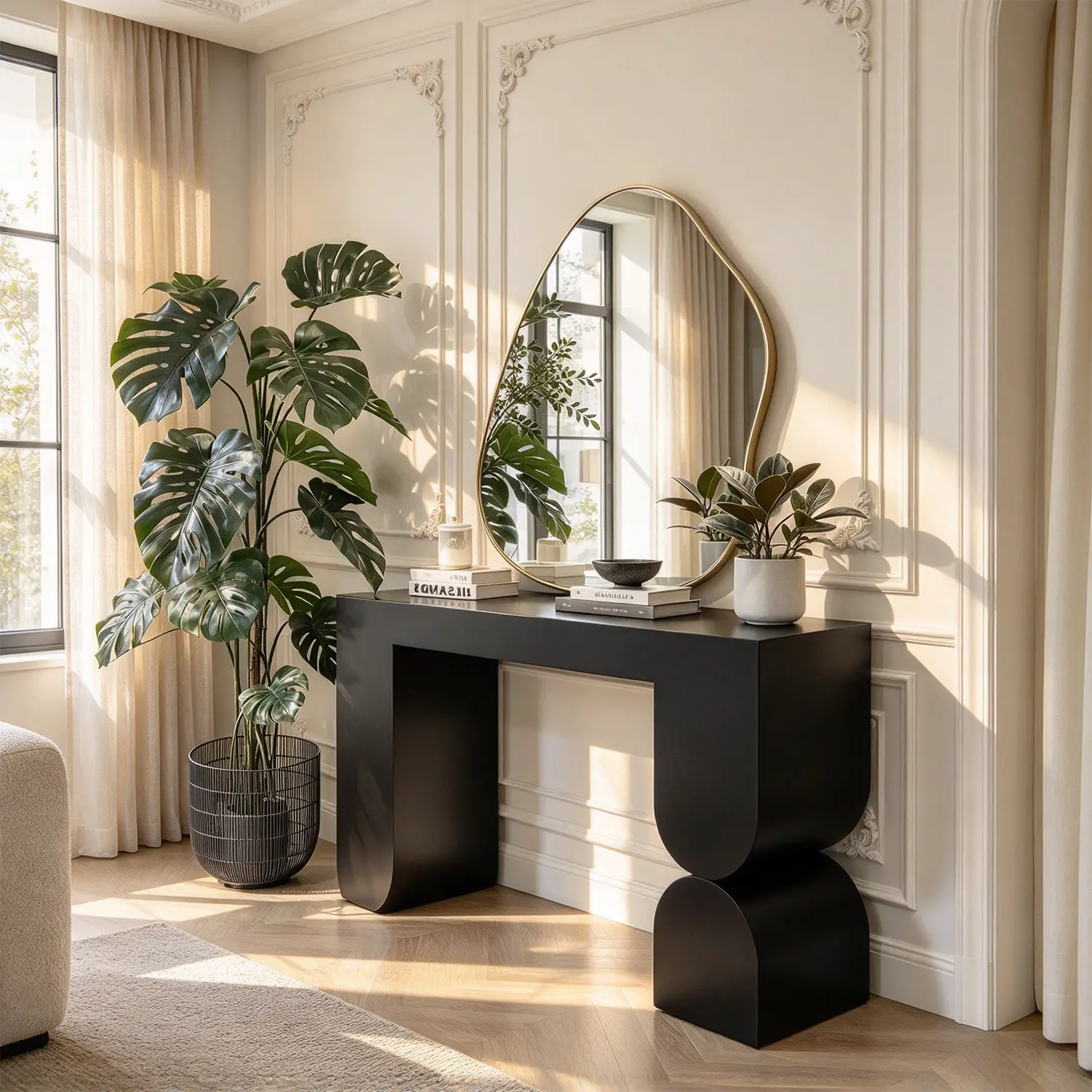 Modern Black Sculptural Solid Wood Console Table for Entryway Image - 4 | homeyfad